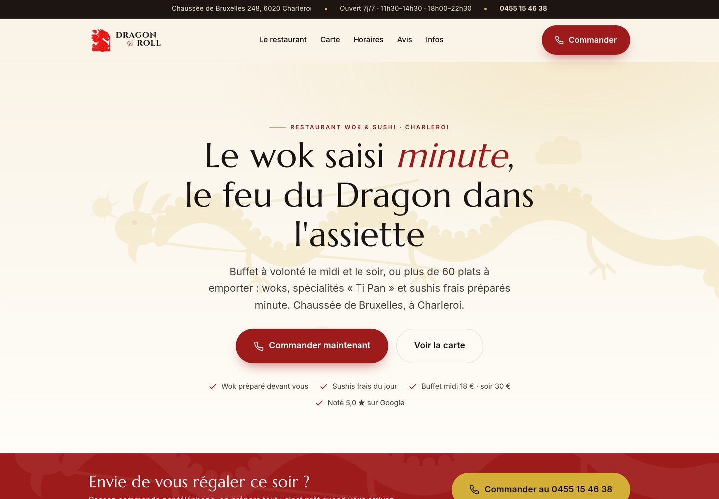 Aperçu du site du restaurant Dragon & Roll, page d'accueil avec menu wok et sushis
