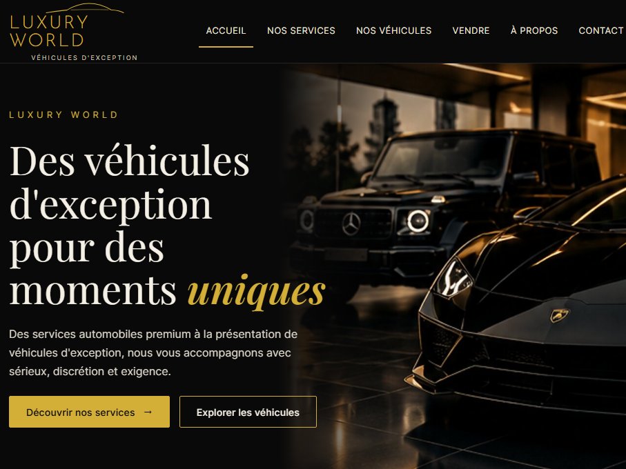 Page d'accueil du site Luxury World : « Des véhicules d'exception pour des moments uniques »
